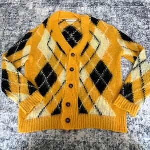 mnml Argyle Mohair Blend Cardigan Sweater Mens Size M Yellow Black Grunge Knit